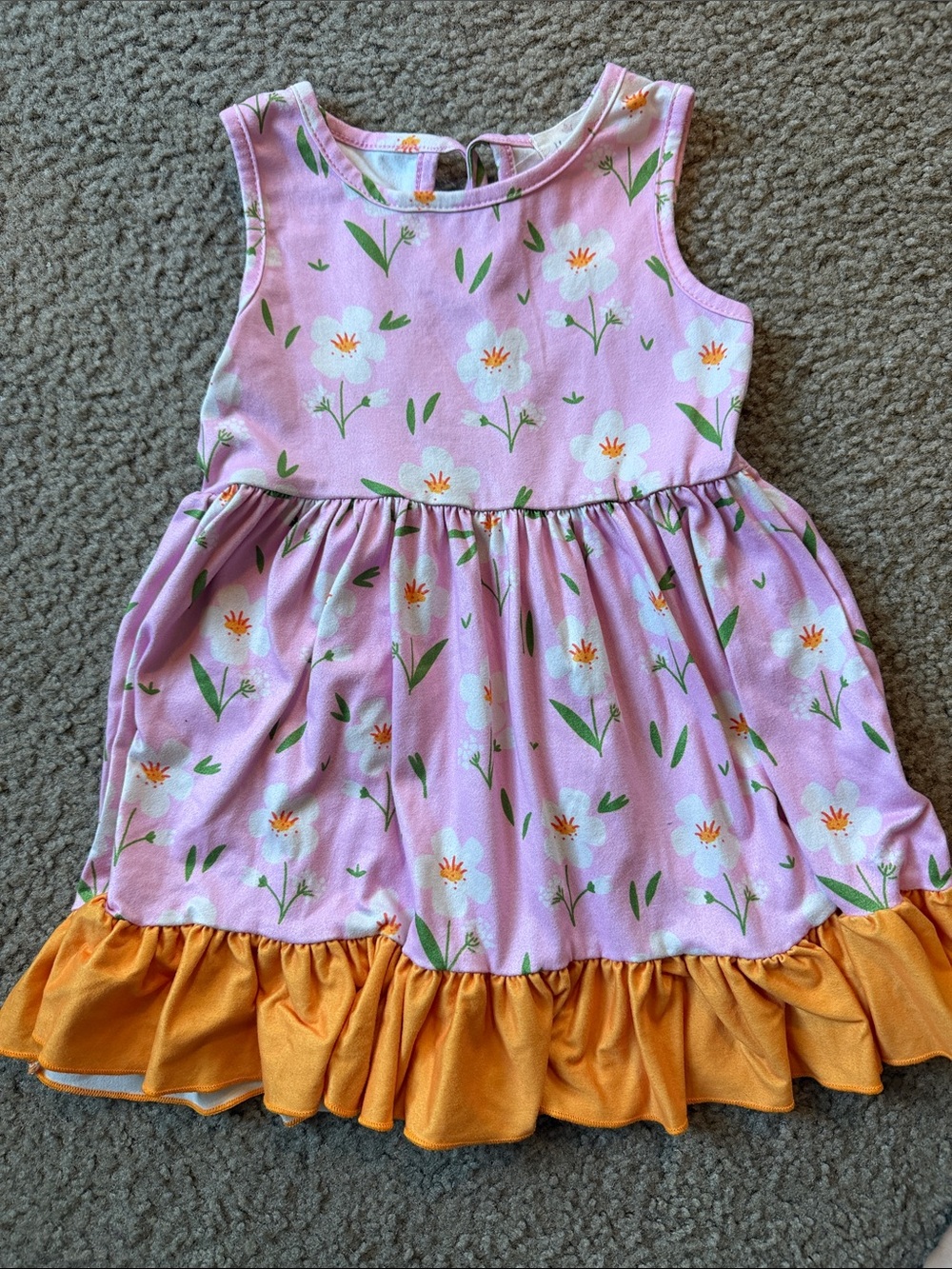 Little Girls Pink Floral Dress with Orange Ruffle Hem